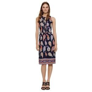 Tory Burch Libby Silk Jersey Keyhole Cut Out Midi‎ Paisley Dress Navy XL